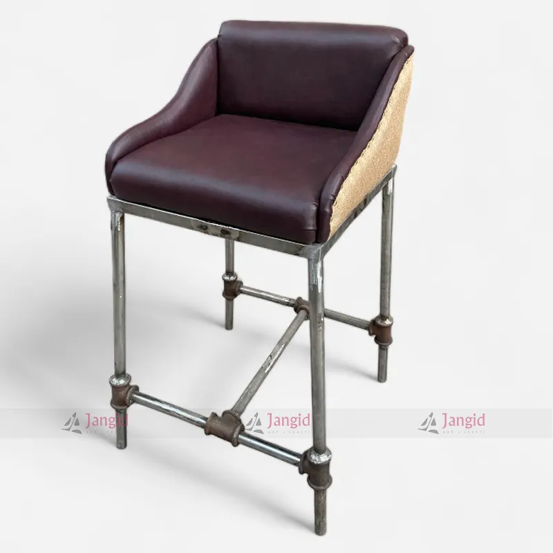 A stylish bar stool with a upholstery rexine leather seat and iron pipe legs.