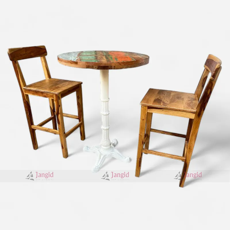 Iron Leg with Wooden Top Table and Wooden Chair Bar Table & Chair Set.