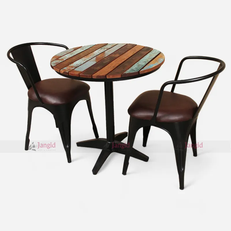 A wooden table with two chairs set, ideal for outdoor cafes and restaurants, showcasing a retro industrial design.