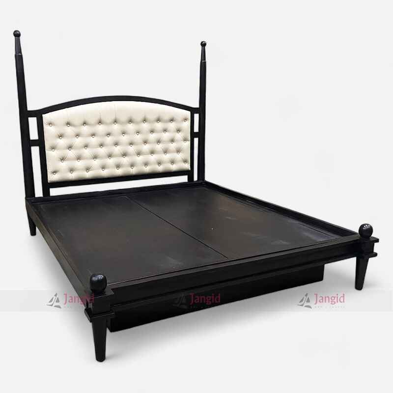 Black Color Hotel Room Bed with Four Slider Box Storage made in Sheesham Wood with Off White Rexine Cushioned Headrest.