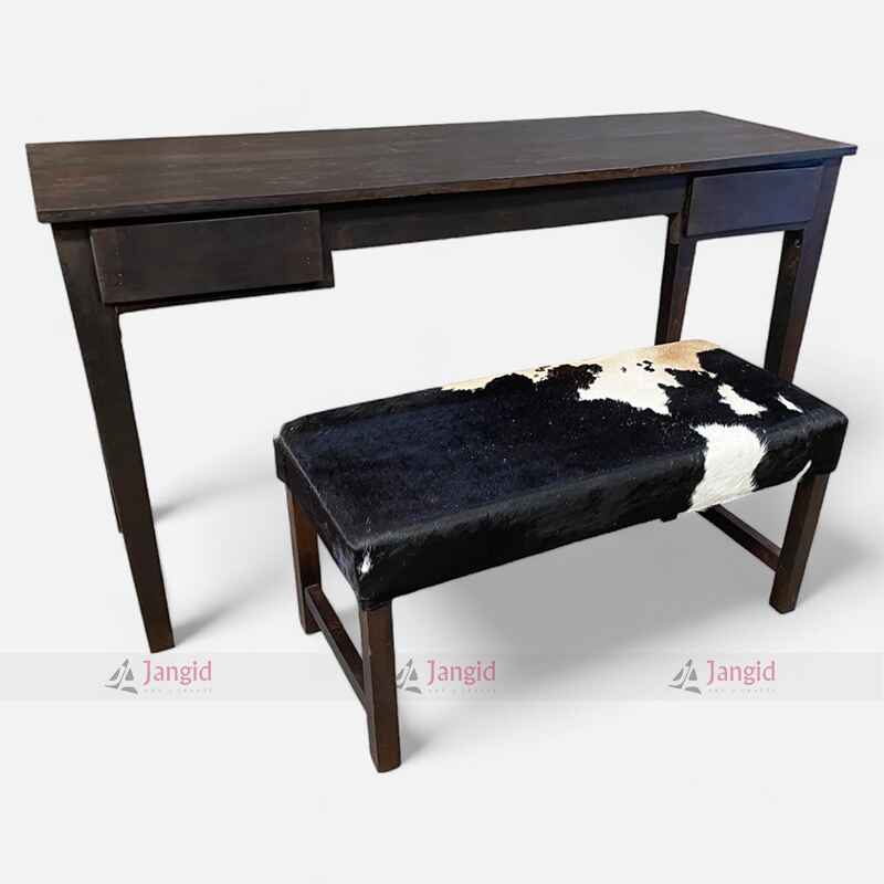 Antique Wood Study Table with Upholstered Cowhide Bench Set