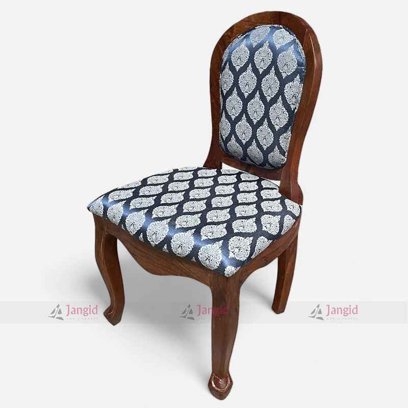 Elegant dining chair featuring a blue and white patterned seat, crafted from sheesham wood with intricate carvings for added luxury for weddings, banquets, and fine dining venues.